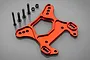 Red anodized aluminium front shock tower for Rovan 5IVE-T with four black screws and two nuts on a grey background.
