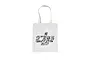 A white canvas tote bag featuring a black DJI logo with intricate doodle-style illustrations inside the lettering.