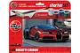 Airfix 1/43 scale Bugatti Chiron model kit packaging showing a red and black sports car, paint pots, brush, and poly cement.
