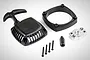 Rovan 1/5 scale RC pull start assembly with black plastic housing, spacer, metal claw, and mounting screws on a white background.