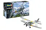 Revell 1/32 scale D.H. 82A Tiger Moth plastic model kit box and a fully assembled, painted model aircraft on a white background.