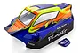 HSP 1/8 scale Planet V2 RC buggy body shell, pre-painted in blue, orange, and yellow with a flame design, isolated on a white background.