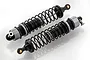 Two assembled RC shock absorbers with black bodies, silver adjustment rings, and black springs against a white background.