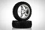 Two HSP 1/10 scale RC buggy front wheels with black knobby rubber tyres and five-spoke silver chrome rims stacked on a white background.