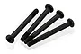Four black metal button head screws with partial threading arranged on a white background.