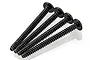 Four black metal button head screws with coarse threads arranged diagonally on a white background.