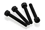 Four black metal cap head screws with hexagonal sockets arranged on a white background.