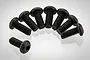 Eight black metal button head screws arranged in a semi-circle on a white background.