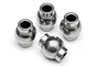 Four silver metal ball joints for RC suspension linkages arranged on a white background.