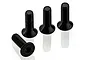 Four black metal countersunk head screws with hex drive sockets arranged on a white background.