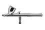 A studio shot of an Iwata Revolution CR gravity-fed dual-action airbrush against a white background.