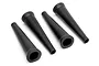 Four black rubber shock boots for HPI Baja RC cars arranged on a white background.