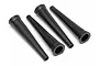 Four black rubber shock boots for HPI Baja RC vehicles arranged on a white background.