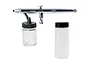 Sparmax SP-575 suction fed dual action airbrush with a glass paint jar attached and an extra plastic paint bottle on a white background.