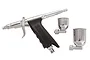 Sparmax GP-50 trigger-style side-fed airbrush with two different sized metal paint cups on a white background.