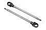 Two HPI Racing shock shafts with black plastic rod ends on a white background.