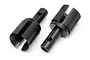 Two black metal differential outdrive cups for HPI Baja RC vehicles, shown against a white background.
