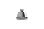 A close-up studio shot of a chrome-plated Iwata airbrush nozzle cap with a knurled grip edge.