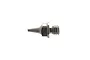 A close-up studio shot of a small, silver-coloured metal airbrush nozzle with a threaded base.