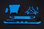 Rovan blue aluminium front bumper kit with light housing and mounting hardware on a black background.