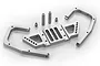 A silver aluminum rear bumper kit for an RC car, including a central bumper plate, two side support arms, two cylindrical spacers, and two small nuts.