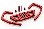 A Rovan red anodized aluminium rear bumper kit for an RC car, including a main bumper plate, two side support arms, two standoffs, and two small spacers.