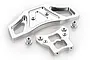 A silver aluminium front bumper kit for an RC car, including two machined metal bumper components and two small threaded standoffs on a white background.