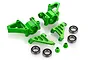 A set of bright green anodized aluminium RC front steering hubs, steering arms, and rubber shielded ball bearings on a white background.