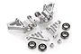 A set of silver aluminium RC front steering hubs with matching steering arms, bearings, and spacers on a white background.