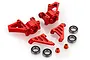 A set of red anodized aluminium RC front steering hubs with matching steering arms, bearings, and spacers on a white background.