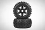 Two Rovan Baja 5B rear Wasteland tyres mounted on black six-spoke beadlock rims, stacked vertically against a white background.