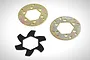 Two circular metal brake discs with a gold-tone finish and one black six-pointed star-shaped aluminium brake disc fin on a white background.