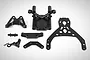 A Rovan front bulkhead set including a black aluminium upper plate, various plastic bulkhead components, and mounting hardware on a white background.