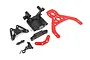 Rovan front bulkhead set including black plastic components, red aluminium upper plate, and assorted mounting hardware on a white background.