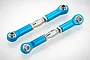 Two blue anodized aluminium adjustable RC turnbuckles with silver metal ball ends on a white background.