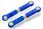 Two blue anodized aluminium adjustable turnbuckles for RC cars, featuring white plastic ball joint inserts at each end.