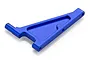 A blue anodized aluminium front chassis brace for an RC car, shown from an angled perspective on a white background.