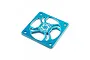 A blue anodized aluminium 40mm fan protector grill by Yeah Racing with a central logo and four mounting holes.
