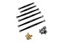 A set of six black aluminium suspension links for an RC car, with brass pivot balls and small black O-rings on a white background.
