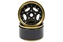 Two Yeah Racing 1.9 inch 5-spoke beadlock rims with gold outer rings and black carbon fiber style centers stacked on a white background.