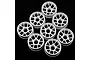 A set of eight white plastic narrow RC rims for Mini-Z cars arranged on a black background.