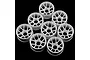 A set of eight white plastic RC car rims arranged in a cluster against a black background.