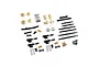 A collection of Yeah Racing metal upgrade parts for the Axial SCX24, including brass wheel hexes, suspension links, shocks, and drive shafts.