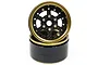 Two 1.9-inch RC crawler beadlock rims featuring a gold outer ring and a black carbon fiber-style six-spoke center face with silver hex bolts.