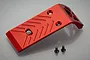 A red anodized aluminium front bumper mount for an RC car, shown with two black mounting screws on a grey background.