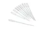 A set of ten clear plastic graduated transfer pipettes arranged on a white background.