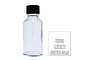 A clear 30ml glass mixing bottle with a black screw-on cap, shown next to a white label with the text BTL01 MIXING BOTTLE 30ml.