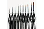 A set of nine Scale Modellers Supply sable paint brushes with black ergonomic handles and protective plastic caps, arranged in ascending size order.