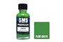 A 30ml bottle of SMS Premium Green acrylic lacquer paint next to a green color swatch labeled PL06 GREEN.