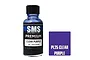 A 30ml bottle of SMS Premium Clear Purple acrylic lacquer paint next to a purple color swatch labeled PL25 CLEAR PURPLE.